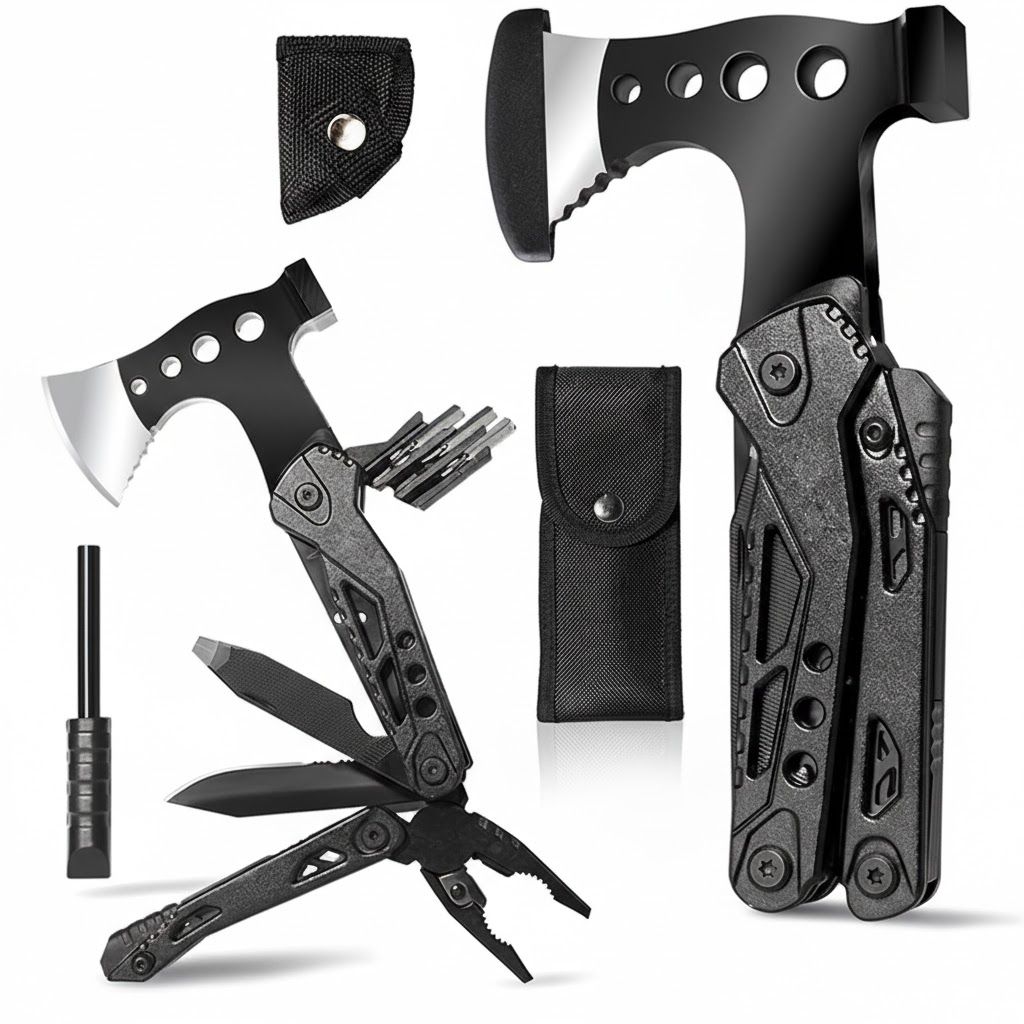 Camping Useful Accessories 16-in-1 Multitool Axe Survival Gift Ideas Men Christmas Gifts with Knife Hammer Pliers Hacksaw Screwdriver and Sheath for Hiking Christmas Gifts
