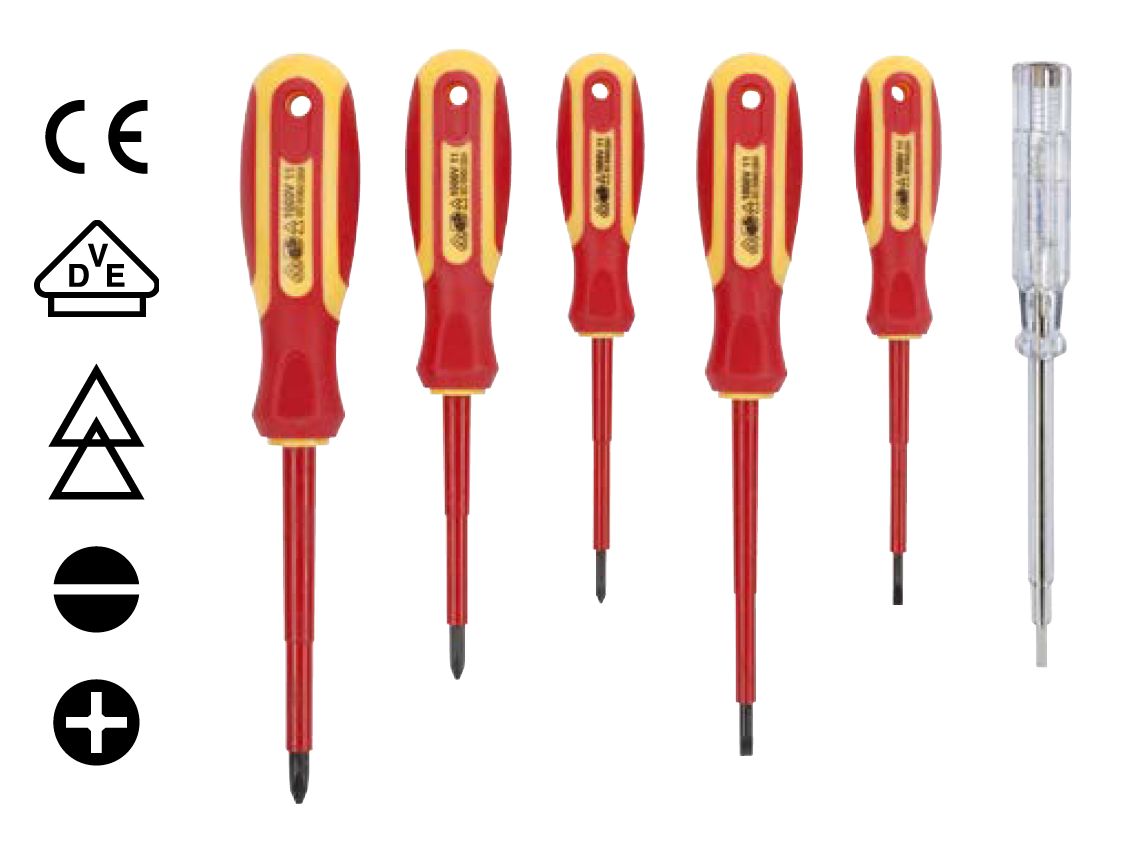 Insulated Screwdrivers Set 6pcs Insulted 1000V Chrome Vanadium Steel Magnetic tip. Anatomic TPR handle