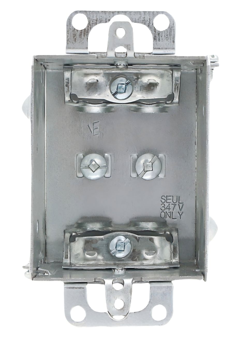 Material: Galvanized Steel, 1-gang 347 Volt Boxes With Flush Ears, BX clamps