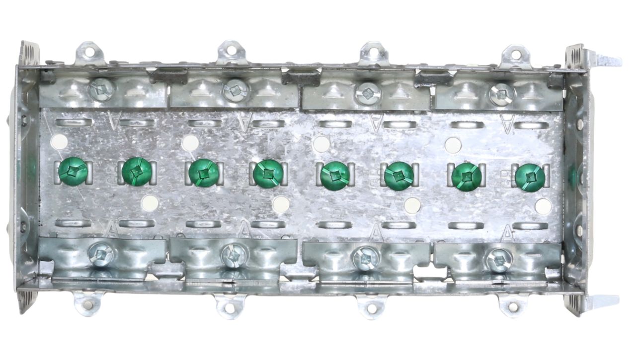 Material: Galvanized Steel, 4-Gang Non-Gangable Device Boxes, P. Tabs, external nailing