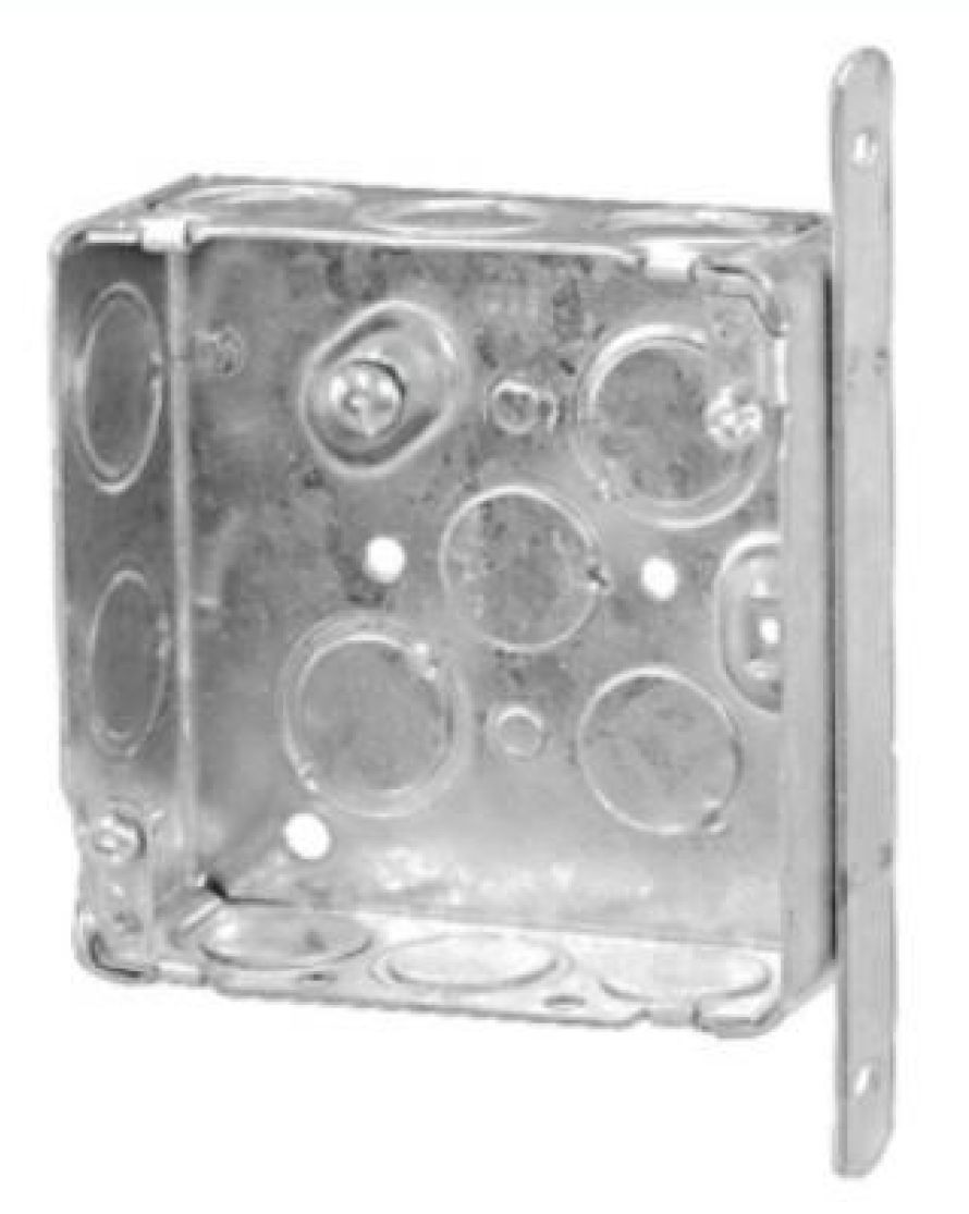 Material: Galvanized Steel, 4” Square Boxes, raised ground screw, Concentric knockouts, “SB” bracket, 81/2” sides KOS, 41/2” bottom KOS, 43/4” sides KOS, 23/4” bottom