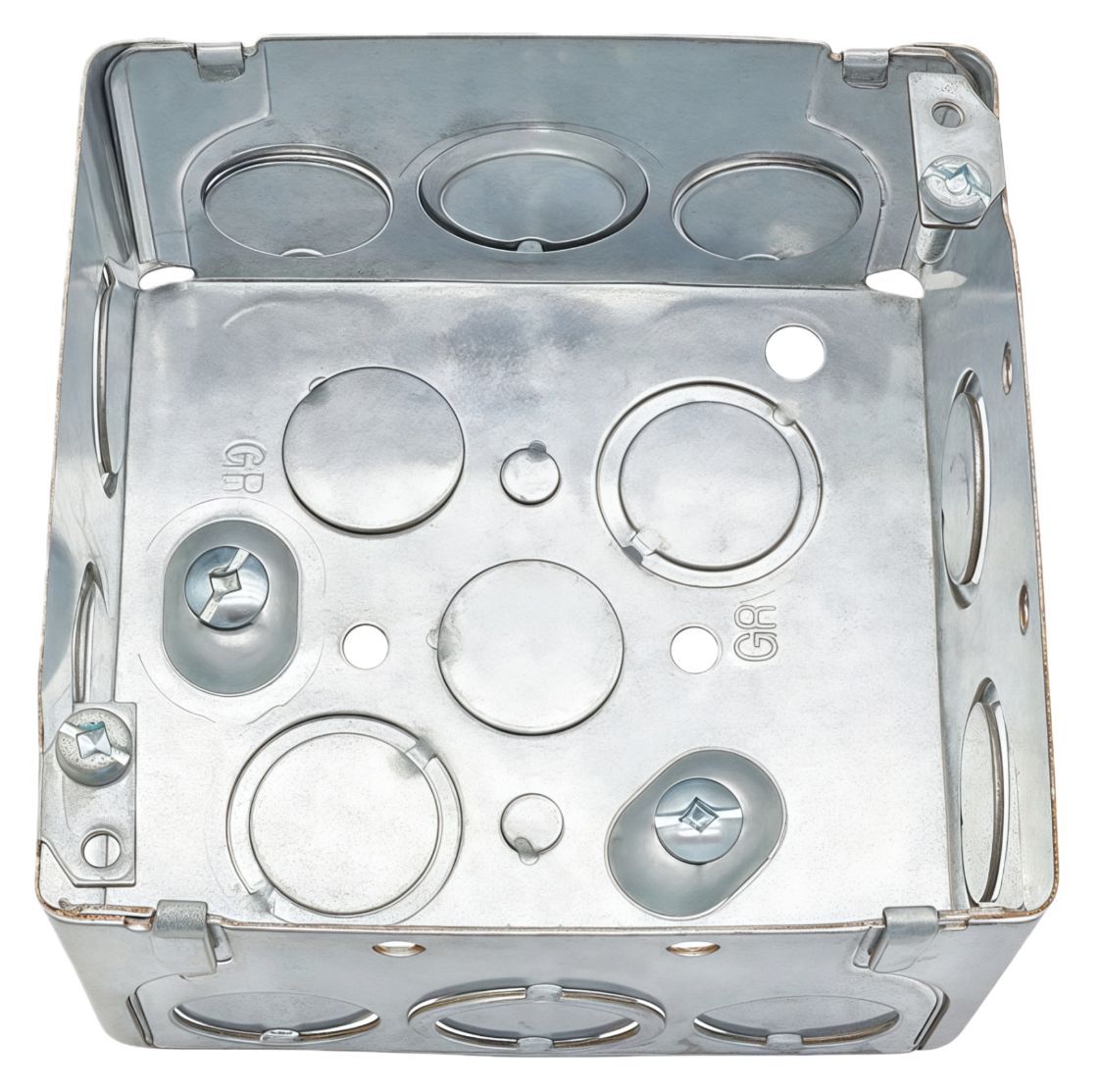 Material: Galvanized Steel, 4” Square Boxes, raised ground screw, Concentric knockouts, 101/2” sides KOS, 41/2” bottom KOS, 63/4” sides KOS, 23/4” bottom