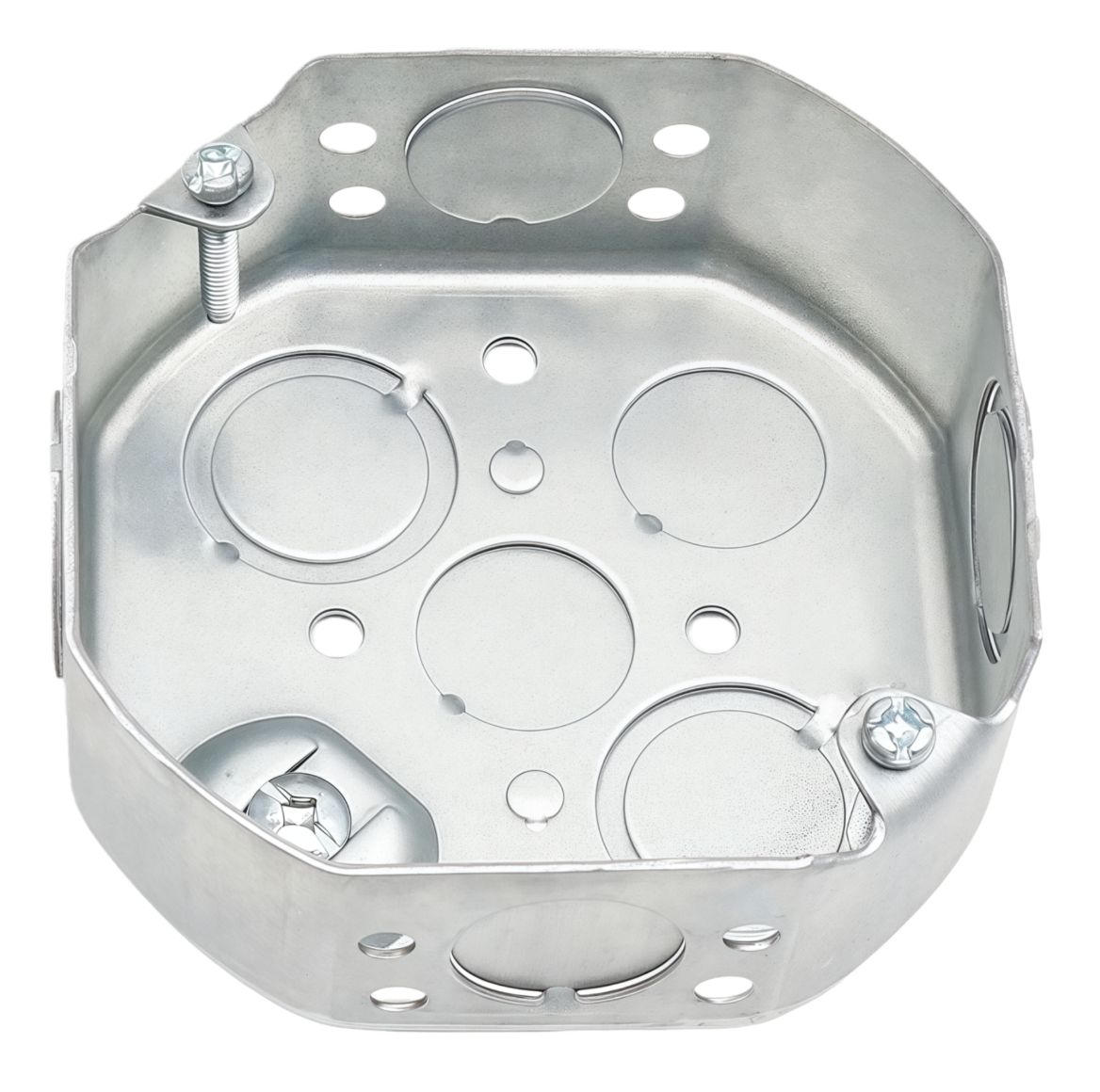Material: Galvanized Steel, 4” Octagonal Boxes, raised ground screw, Concentric knockouts. 41/2” sides KOS, 41/2” bottom KOS, 23/4” sides KOS, 23/4” bottom