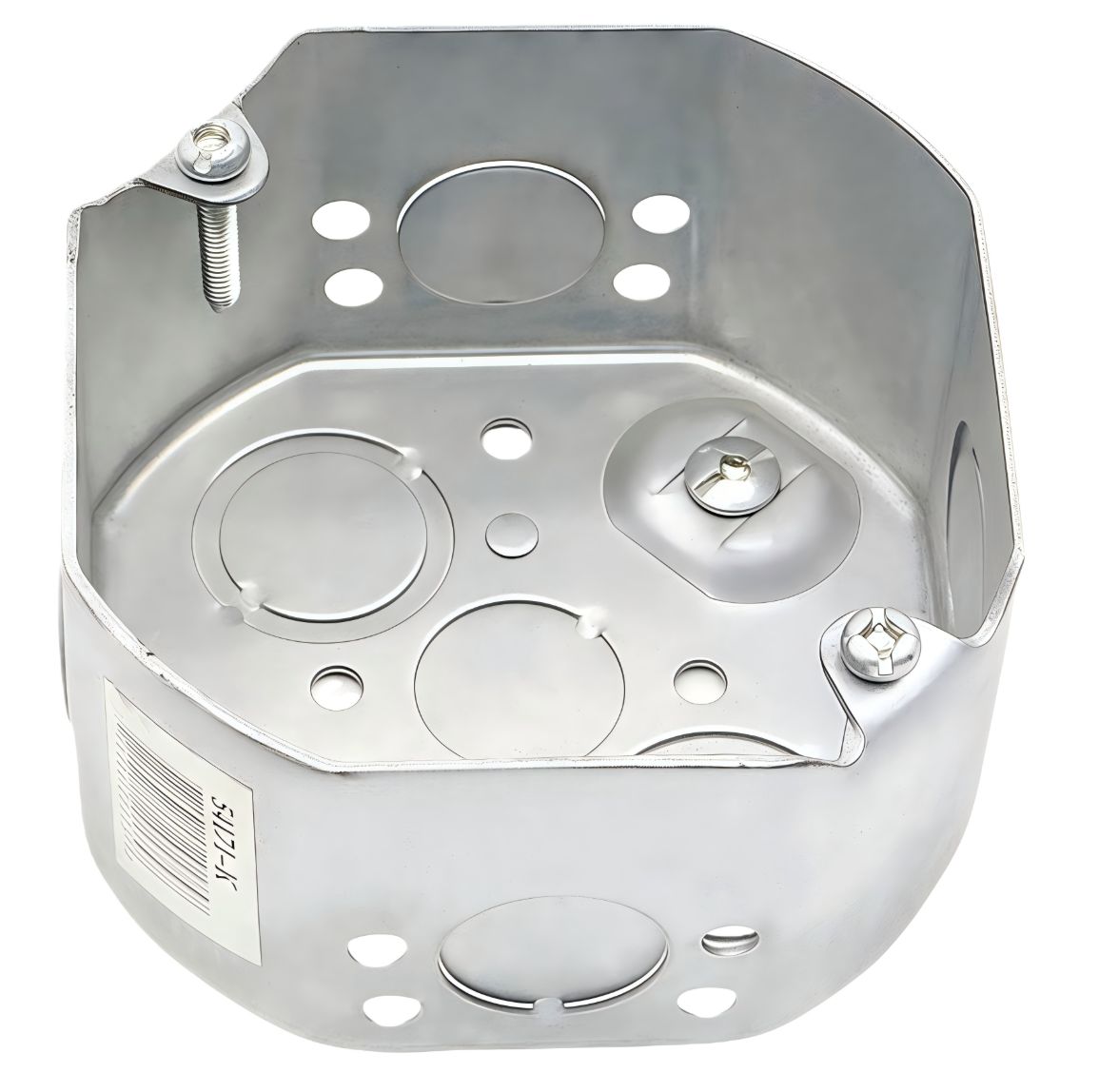 Material: Galvanized Steel, 4” Octagonal Boxes, raised ground screw, Concentric knockouts, 41/2” sides KOS, 4 1/2” bottom KOS, 23/4” sides KOS, 23/4” bottom