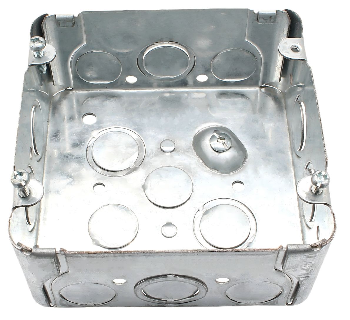 Material: Galvanized Steel, 4-11/16” Square Boxes, Raised ground screw, Concentric knockouts, 101/2” sides KOS, 41/2” bottom KOS, 63/4” sides KOS, 23/4” bottom KOS