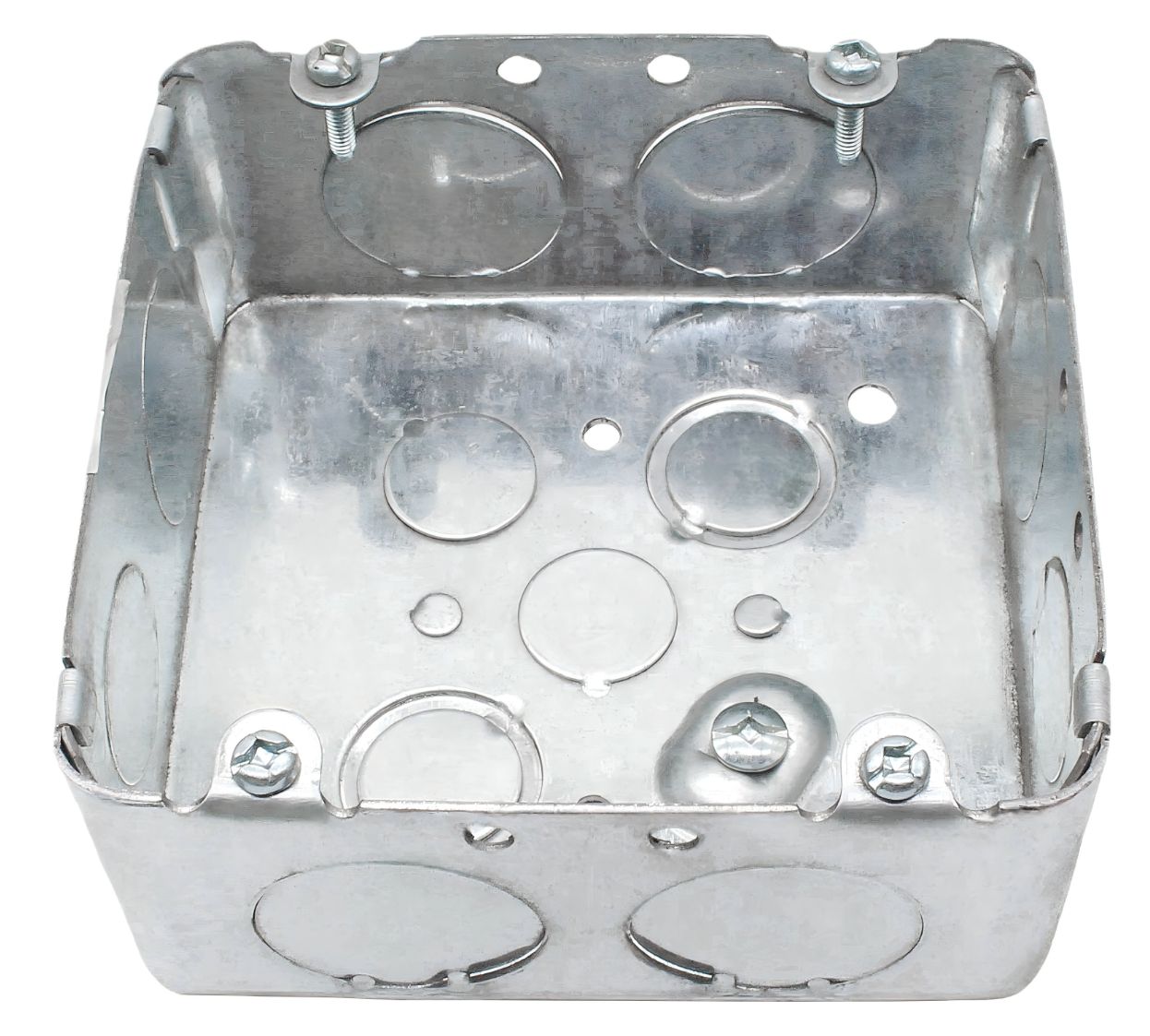 Material: Galvanized Steel, 4-11/16” Square Boxes, raised ground screw, Concentric knockouts, 41/2” bottom KOS, 23/4” sides KOS, 23/4” bottom KOS, 61” sides KOS