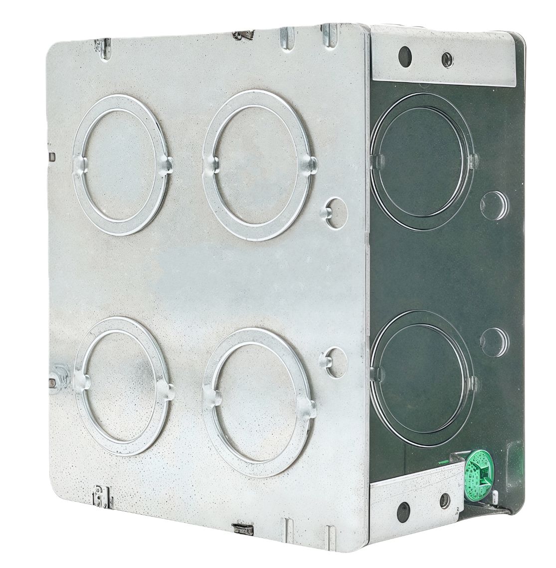 Material: Galvanized Steel, 1-gang Masonry Boxes, 81/2" & 3/4" side KOS, 21/2" & 3/4" bottom KOS, 31/2" & 3/4" ends KOS, 11/2" & 3/4" & 1" ends KOS