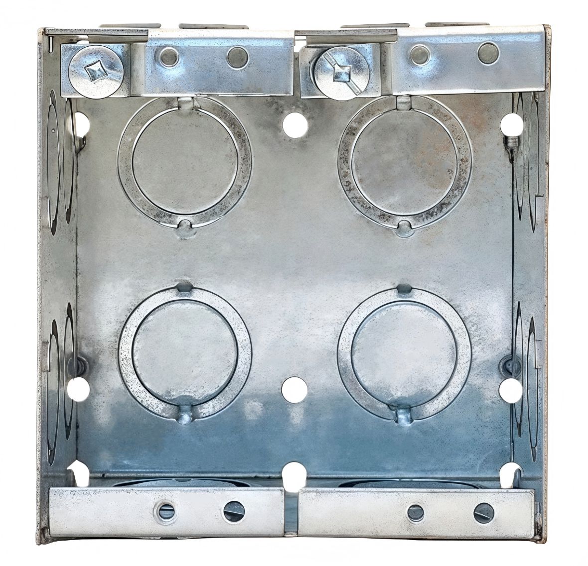 Material: Galvanized Steel, 2-gang Masonry Boxes, 81/2" & 3/4" side KOS, 41/2" & 3/4" bottom KOS, 61/2" & 3/4" ends KOS, 21/2" & 3/4" & 1" ends KOS