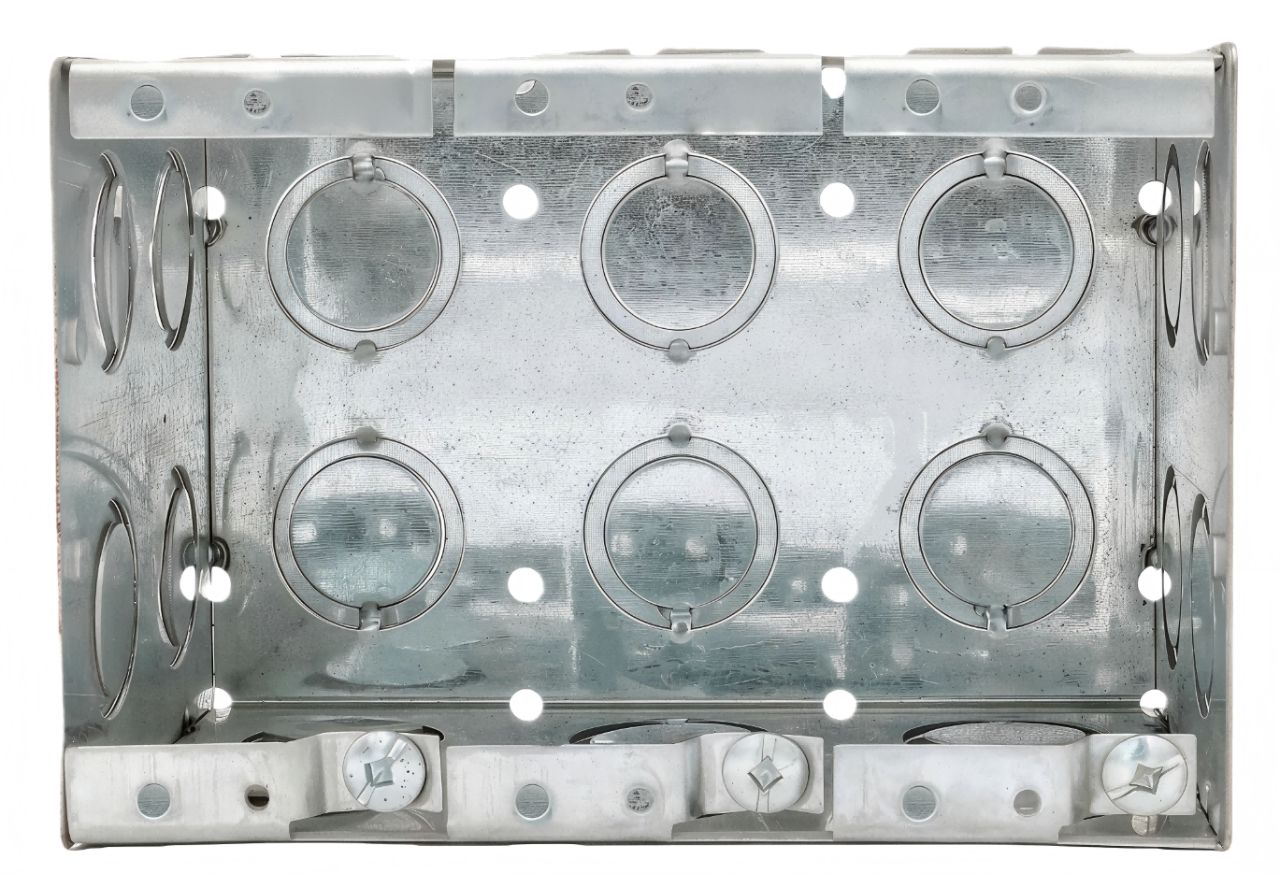 Material: Galvanized Steel, 3-gang Masonry Boxes, 81/2" & 3/4" side KOS, 61/2" & 3/4" bottom KOS, 91/2" & 3/4" ends KOS, 31/2" & 3/4" & 1" ends KOS