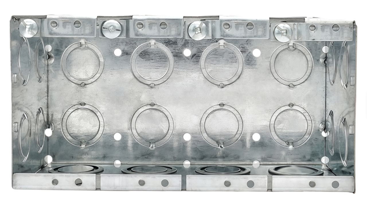 Material: Galvanized Steel, 4-gang Masonry Boxes, 81/2" & 3/4" side KOS, 81/2" & 3/4" bottom KOS, 121/2" & 3/4" ends KOS, 41/2" & 3/4" & 1" ends KOS