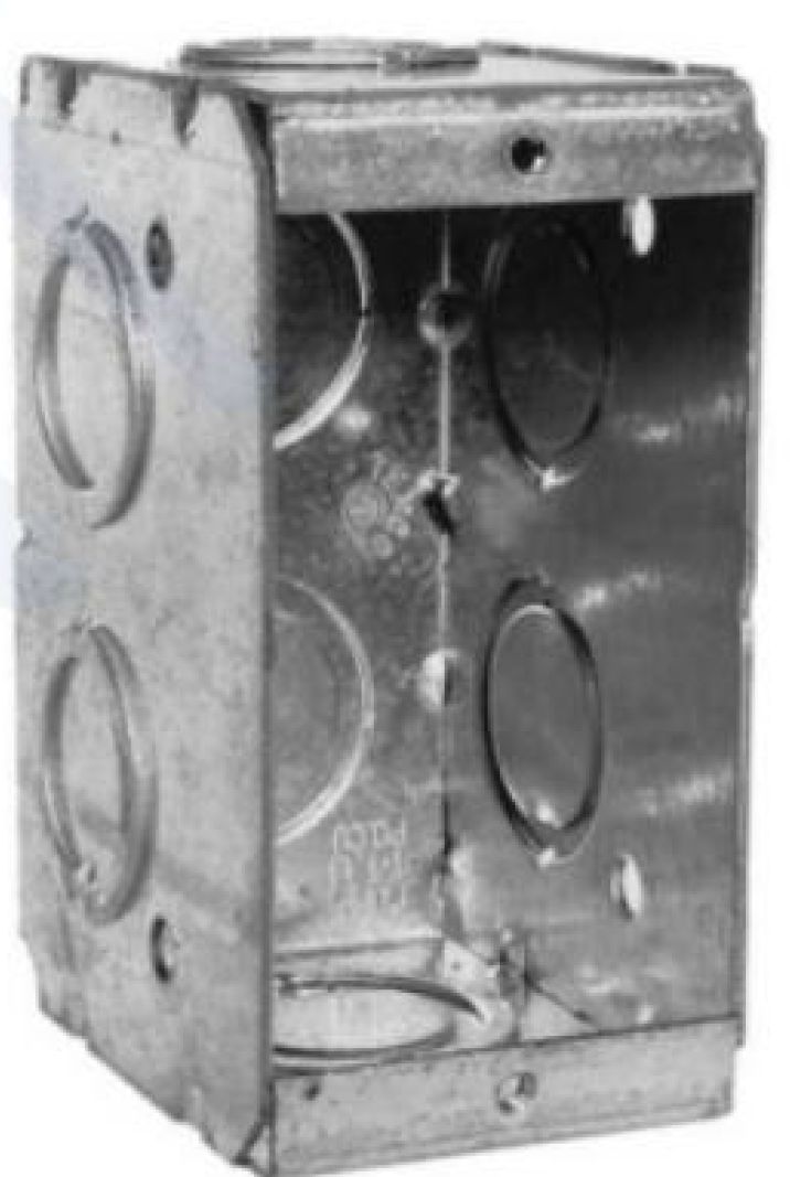 Material: Galvanized Steel, 1-gang Masonry Boxes, 41/2" & 3/4" side KOS, 21/2" & 3/4" bottom KOS, 2*1/2" & 3/4" ends KOS