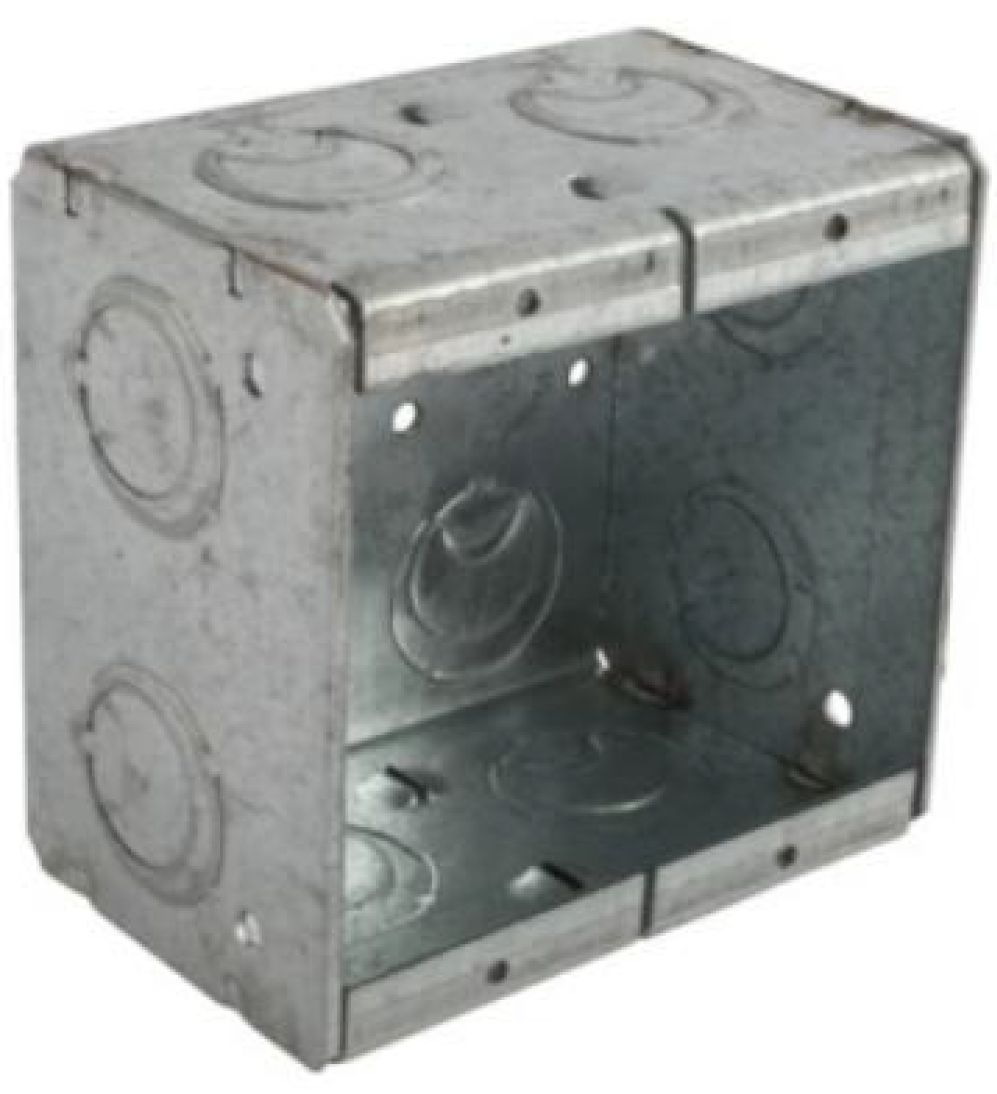 Material: Galvanized Steel, 2-gang Masonry Boxes, 41/2" & 3/4" side KOS, 41/2" & 3/4" bottom KOS, 4*1/2" & 3/4" ends KOS