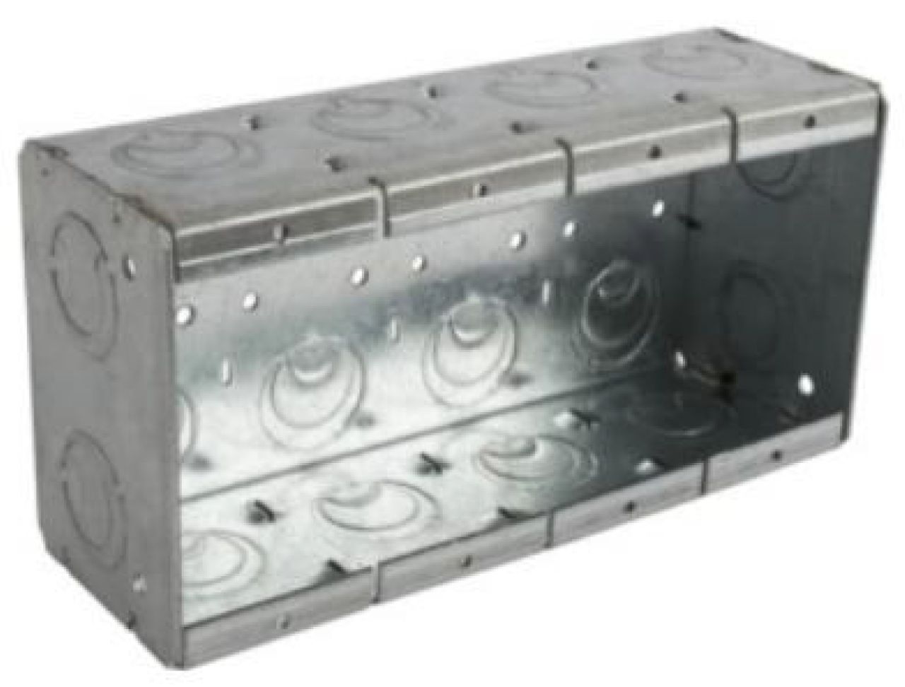 Material: Galvanized Steel, 4-gang Masonry Boxes, 41/2" & 3/4" side KOS, 81/2" & 3/4" bottom KOS, 8*1/2" & 3/4" ends KOS