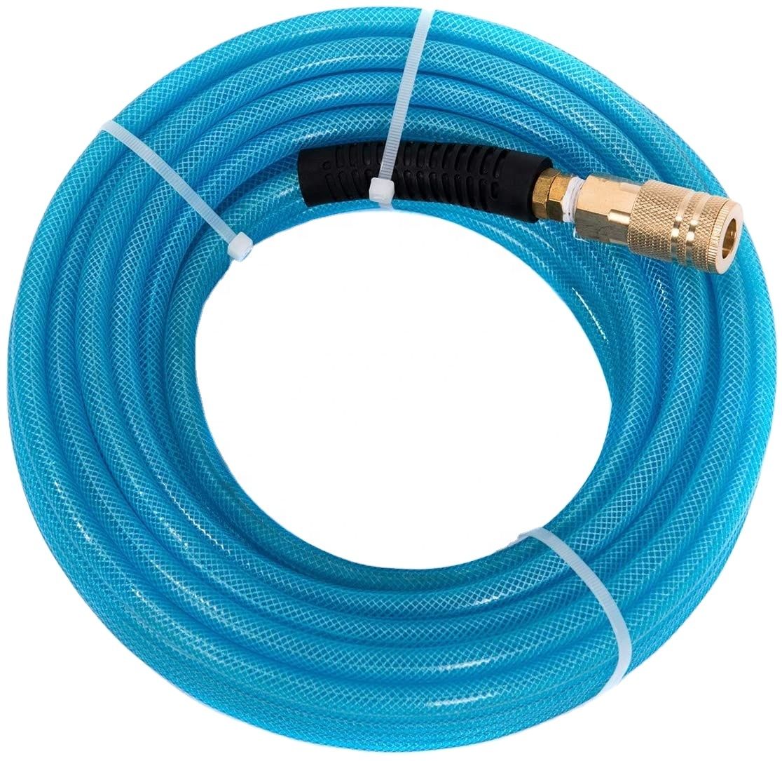 Durable Air Compressor Hose 1/4"X100FT Reinforced Polyurethane (PU) with 1/4 in Quick Connect Plug & Coupler Fittings Blue