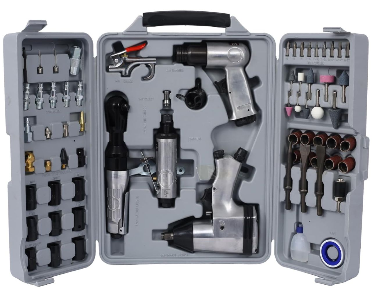 71 Piece Air Tool and Accessories Kit, Impact Wrench, Air Ratchet, Die Grinder, Aire Hammer, Hose Fittings