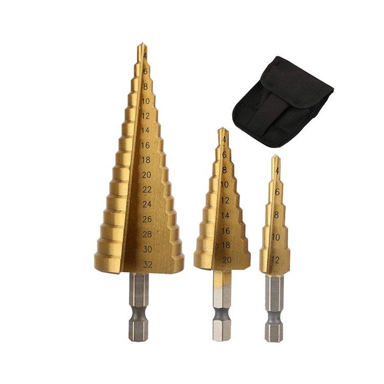 3Pcs Metric Hex Shank Straight Flute Cone Titanium HSS Step Drill Bit Set