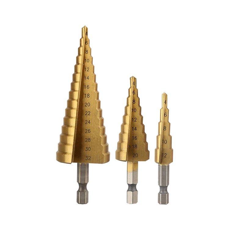 3Pcs Straight Flute Titanium HSS Step Cone Drill Bit Set