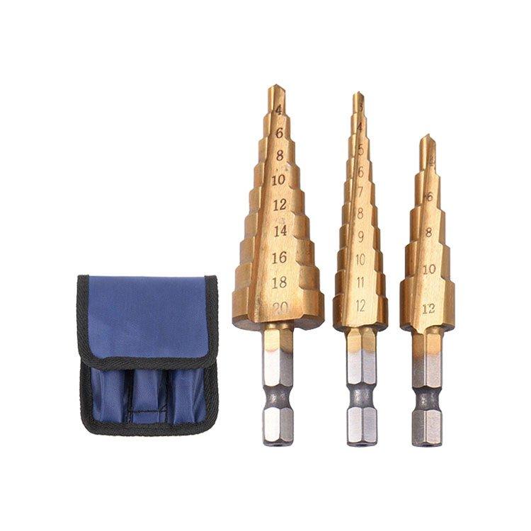 3Pcs Metric Hex Shank Straight Flute Titanium HSS Step Drill Bit Set