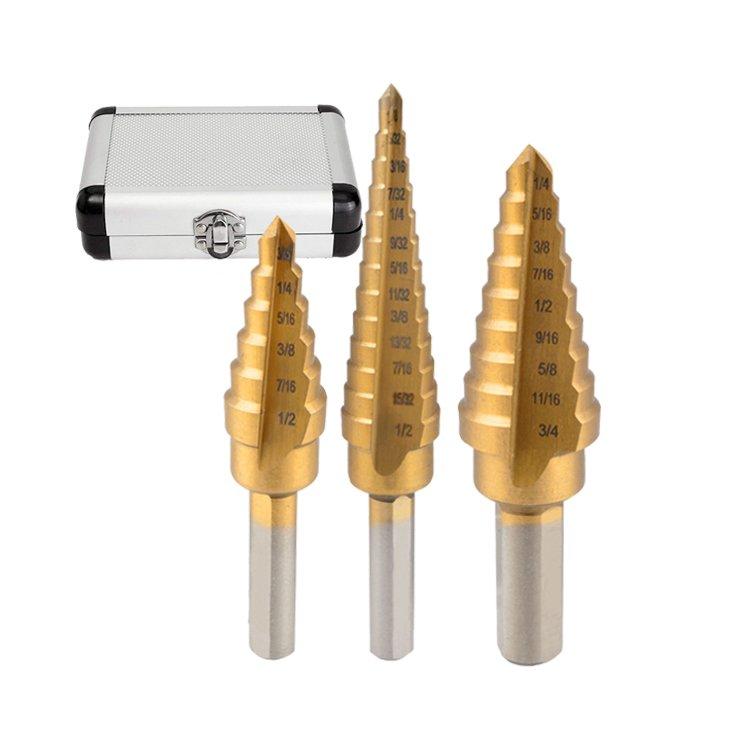 3Pcs Inch 3 Flats Shank Straight Flute Titanium HSS Step Drill Bit Set