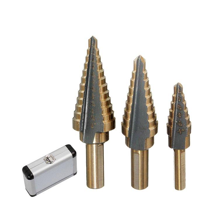 3Pcs Inch 3 Flats Shank Straight Flute Golden Black Color HSS Step Drill Bit Set