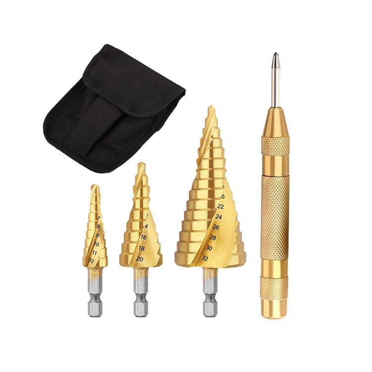 3Pcs Metric Hex Shank Spiral Flute Titanium HSS Step Drill Bit Set