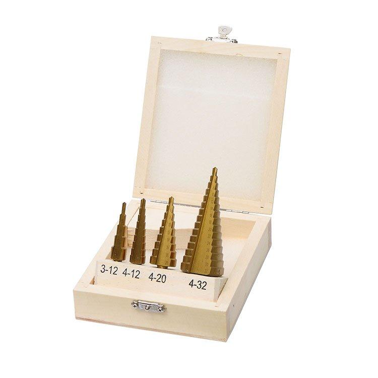 4Pcs Three Flats Shank Metric Titanium HSS Step Drill Bit Set in Case