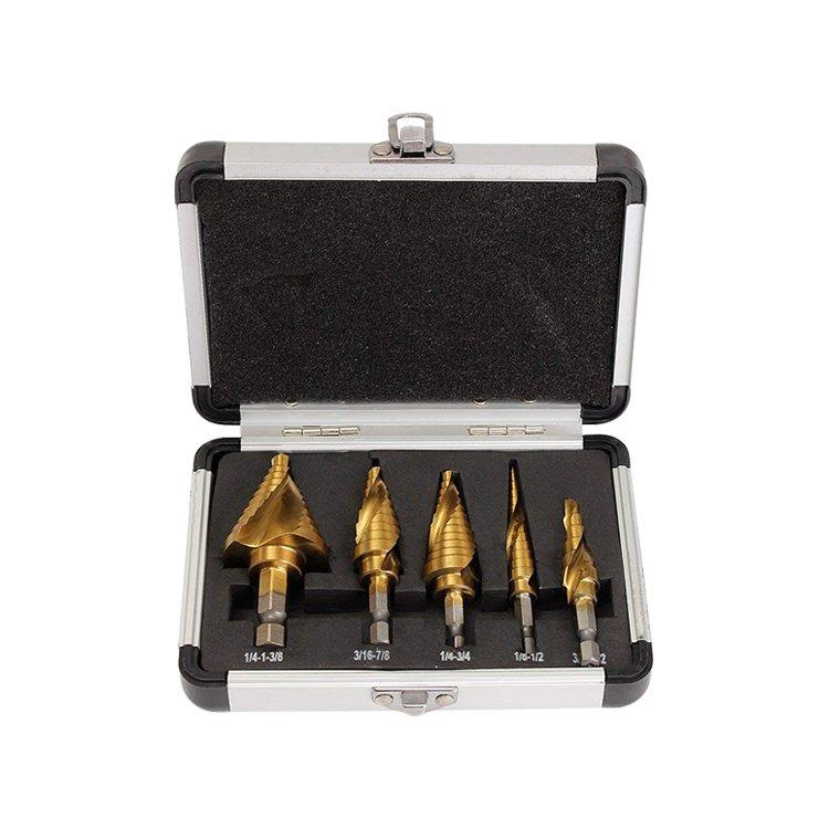5Pcs Inch Hex Shank Spiral Flutes Titanium HSS Step Drill Bit Set