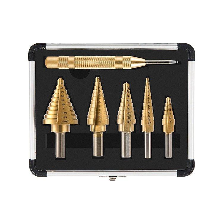 5Pcs Inch Tri-Flat Shank Straight Flute Titanium HSS Step Drill Bit Set