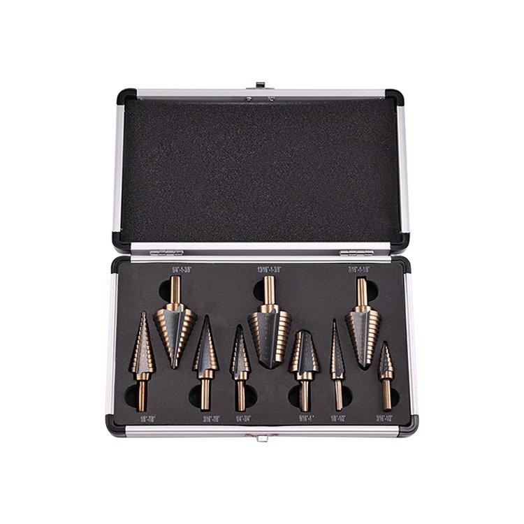 9Pcs Inch Tri-Flat Shank Straight Flute Golden Black Color HSS Step Drill Bit Set