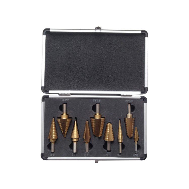 9Pcs Inch 3 Flats Shank Straight Flute Titanium HSS Step Drill Bit Set