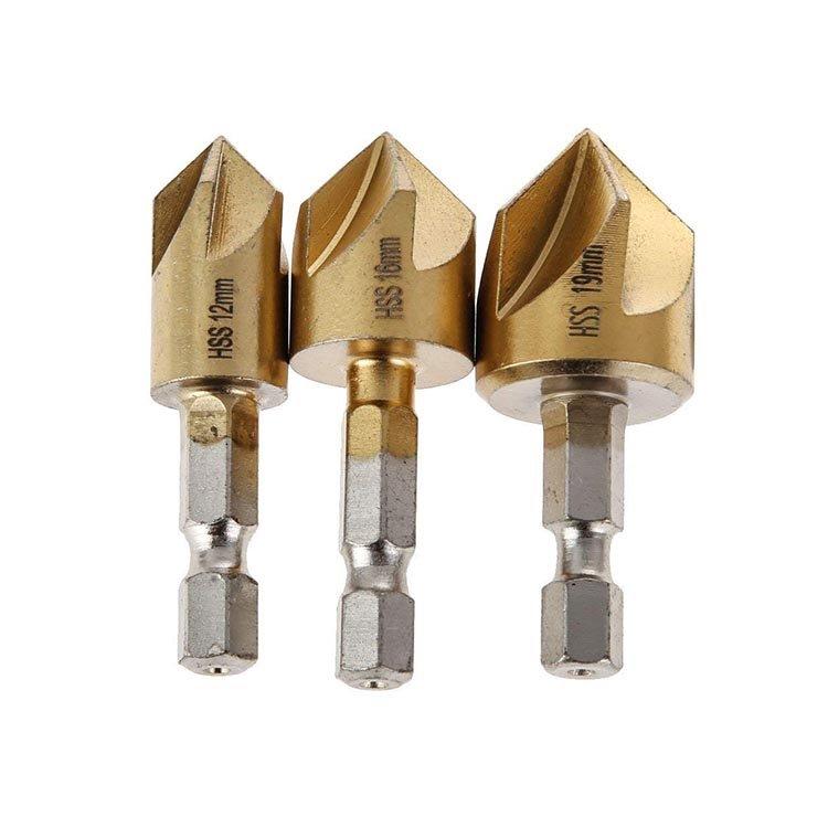 3Pcs Hex Shank 90 Degree 5 Flute HSS Countersink Chamfering Drill Bit Set