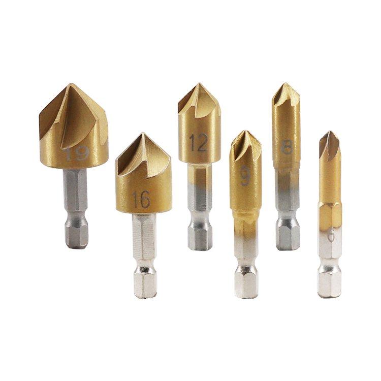 6Pcs Hex Shank 90 Degree 5 Flute HSS Countersink Drill Bit Set