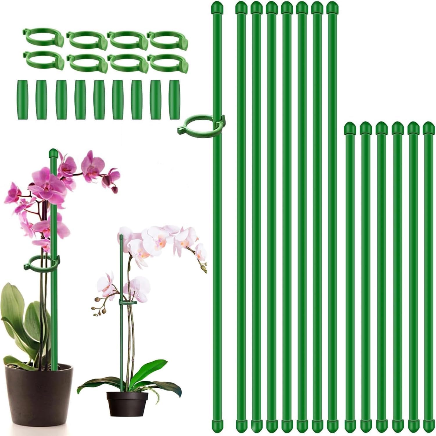 20 PCS Plant Support Stakes, Waterproof & Durable Green Sticks with Connect Rings