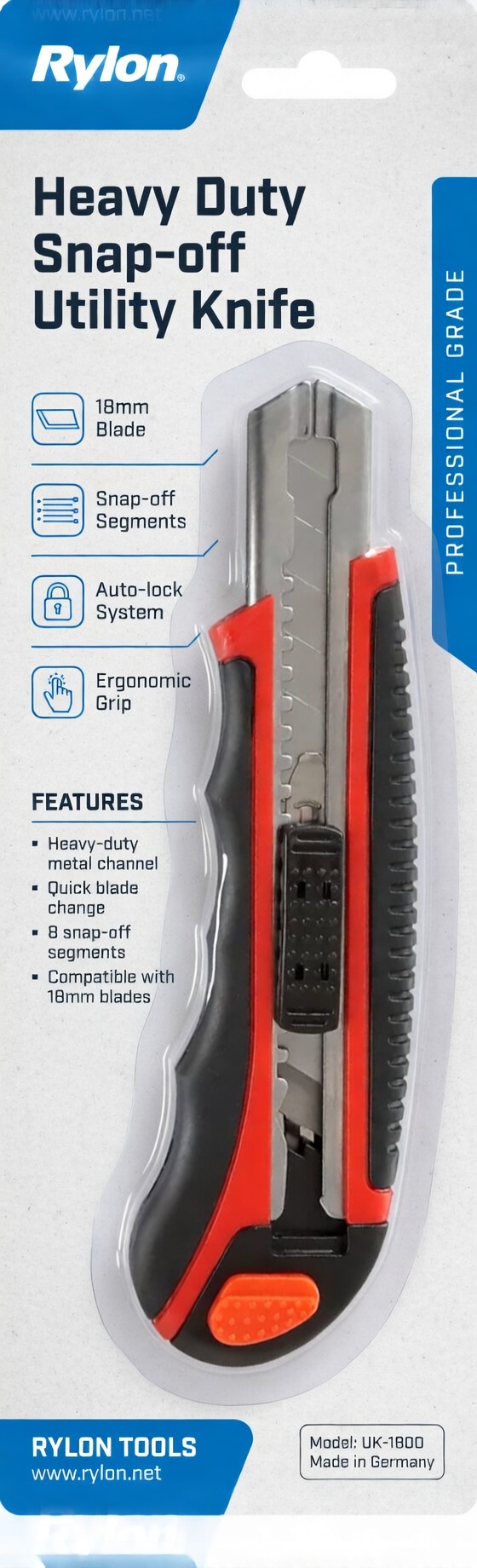Utility knife with 5 spare blades, 18 mm wide, Snap-off blades