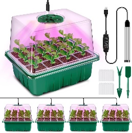 Tray with Grow Light, 4 Pack Seed Starter Kit with Timing Controller Adjustable Brightness, Thicken Seedling Starter Trays with Humidity Domes Heightened Lids, Gift Box